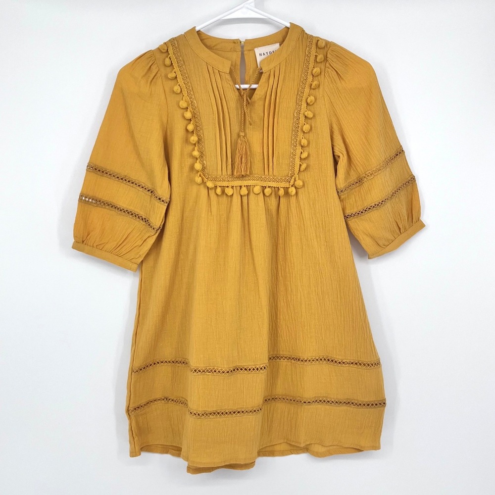 Hayden Girls Dress Girls Large Mustard Yellow Pom Pom Ladder Lace Boho Cottage